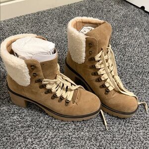 Vici Tan Lace Up Boots with Cream Collar
